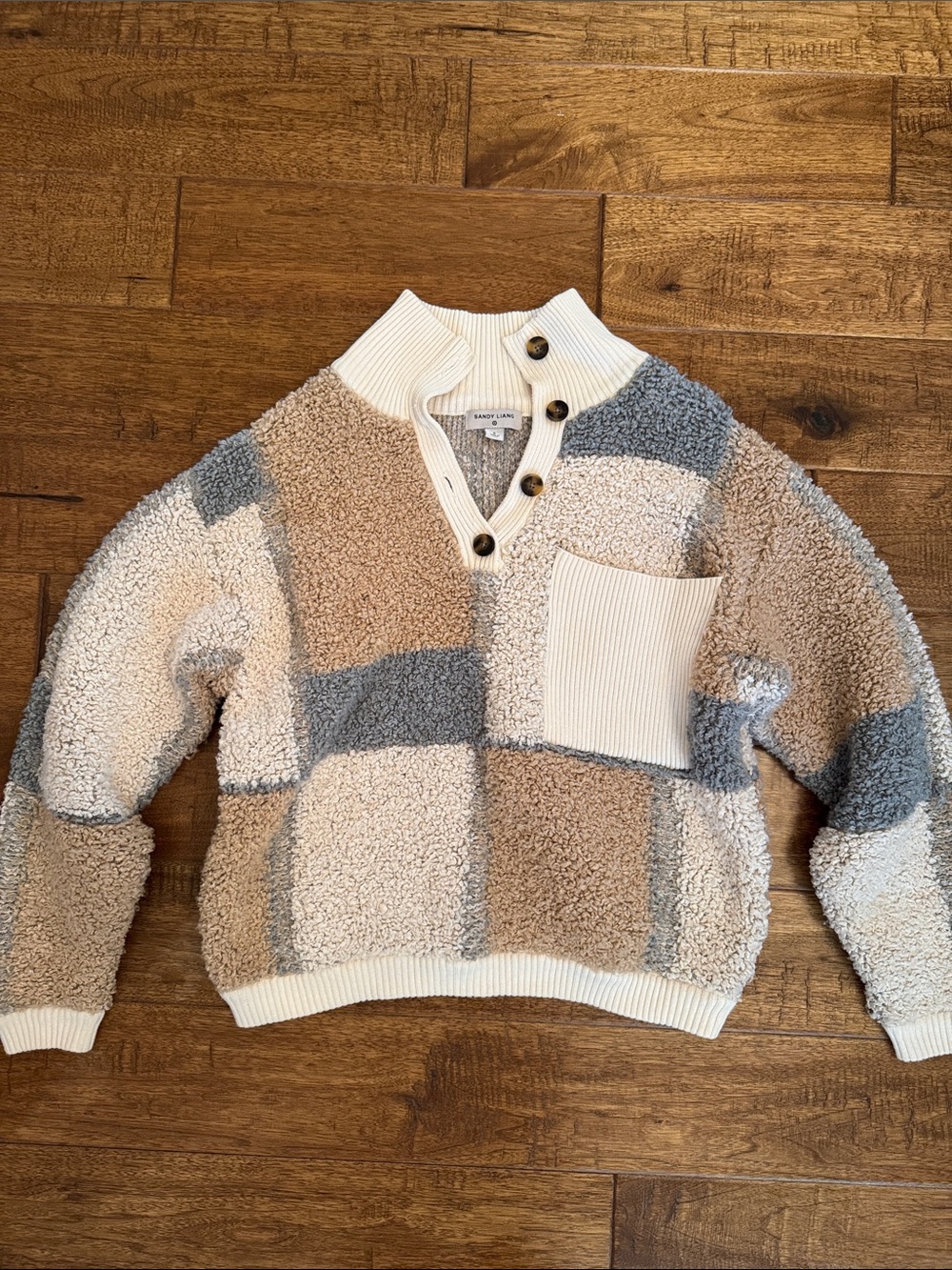 Sandy Liang Sherpa Patchwork Zip-Neck Sweater — Cream, Tan & Gray